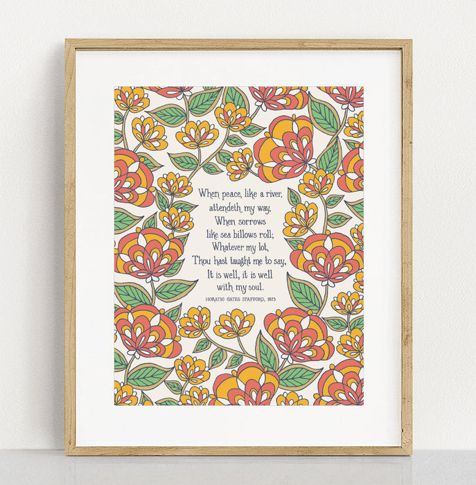 The "It Is Well" 11"x14" hymn art print features hymn text surrounded by a orange florals against a cream background, shown here framed against a white background