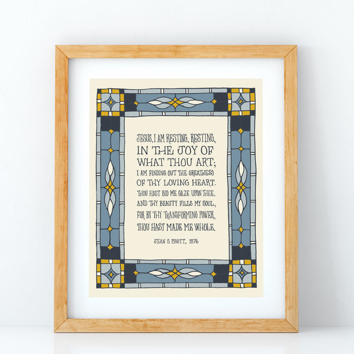 The Jesus, I Am Resting art print features a verse of the beloved hymn framed by a colorful geometric border. Shown framed against a white background.