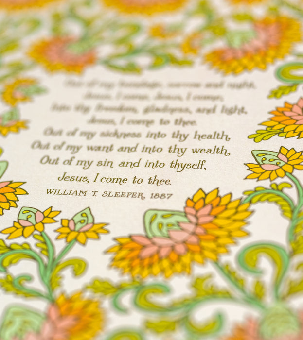 Detail of illustration and hand lettering of the Jesus, I Come hymn art print, which features a floral illustration featuring greens and oranges, with a cream background