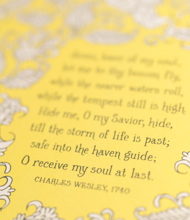 Text detail of Jesus, Lover of My Soul hymn art print features a cream floral illustration against a yellow background