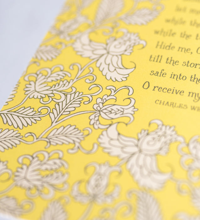 Illustration detail of Text detail of Jesus, Lover of My Soul hymn art print features a cream floral illustration against a yellow background