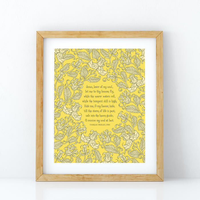 Jesus, Lover of My Soul hymn art print features a cream floral illustration against a yellow background, displayed in a light wood frame