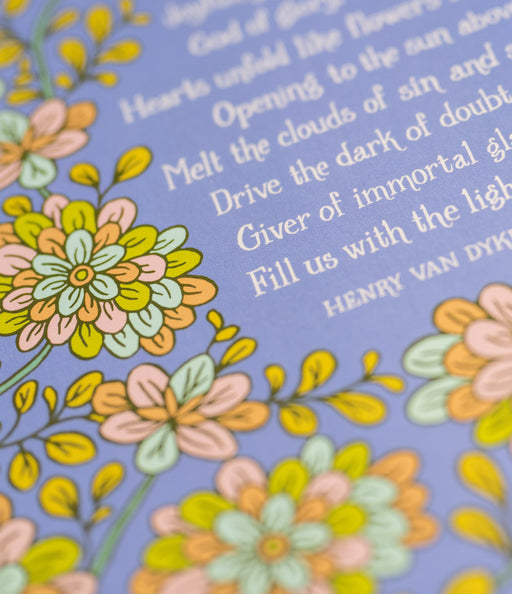 Illustration detail of Joyful, Joyful, We Adore Thee hymn art print features bold multi-colored floral against a blue lavender background