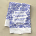 Joyful, Joyful We Adore Thee hymn tea towel features the beloved hymn is printed in blackberry blue, shown folded against a khaki background