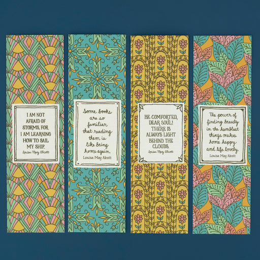 Liven up your library with these lovely bookmarks featuring memorable quotes from the beloved author, Louisa May Alcott, featuring quotes on one side and bold botanical patterns on the back, shown here lying flat against a teal background.