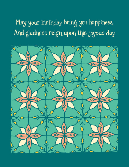 Illustration and text detail of the Birthday Happiness Greeting Card, which features hand illustrated floral patterns in blue-greens and a splash of pink—a blank birthday card ready for your message