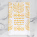 The Power, Love & Self-Control Scripture tea towel is printed in sunflower yellow and features 2 Timothy 1:7; shown folded against a gray marble background.