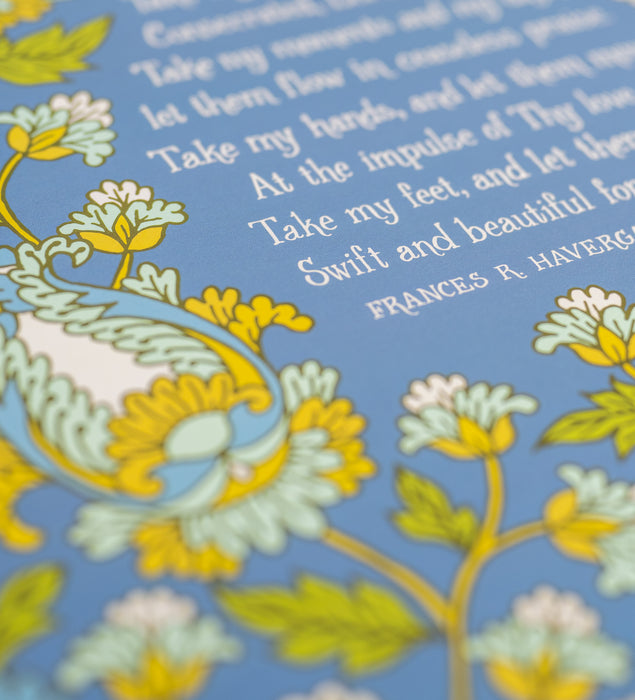 Illustration detail of Take My Life, and Let It Be hymn art print featuring a bold green, gold, and aquamarine floral with a teal background