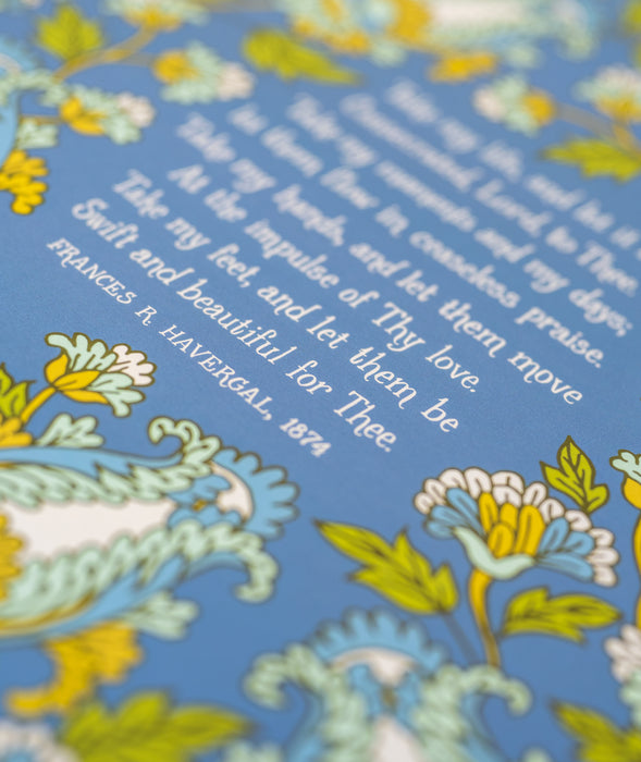 Hand lettered text detail of Illustration detail of Take My Life, and Let It Be hymn art print featuring a bold green, gold, and aquamarine floral with a teal background