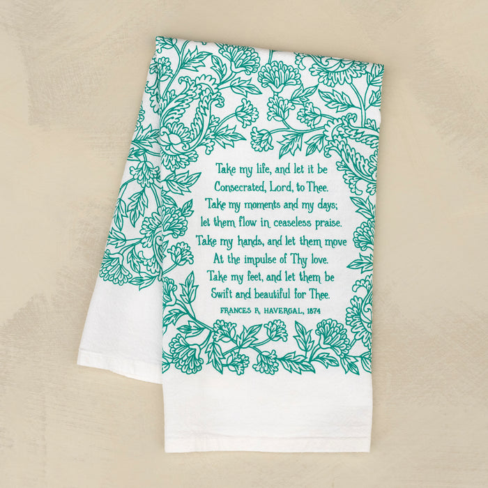 The Take My Life and Let It Be hymn tea towel in 24"x20" featuring the beloved hymn is printed in a jade green, shown folded on a khaki background.