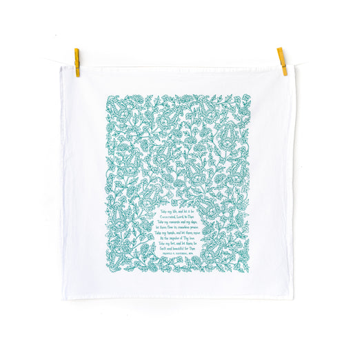 The Take My Life and Let It Be hymn tea towel featuring the beloved hymn is printed in jade green, shown hanging with clothes pins.