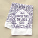 The Taste and See that the Lord Is Good Scripture tea towel is printed in concord purple and features Psalm 34:8; it is shown here folded against a khaki background.