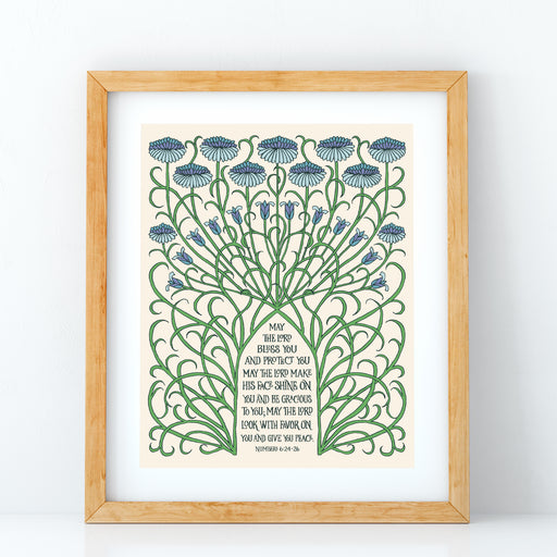 Be blessed daily by "The Blessing" art print, with hand-lettered Numbers 6 text surrounded by a unique lattice illustration of stems and floral buds, shown here framed against a white background.
