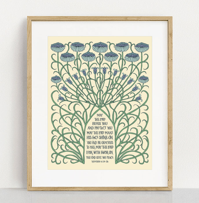 Be blessed daily by "The Blessing" art print 11x14, with hand-lettered Numbers 6 text surrounded by a unique lattice illustration of stems and floral buds, shown here framed against a white background.