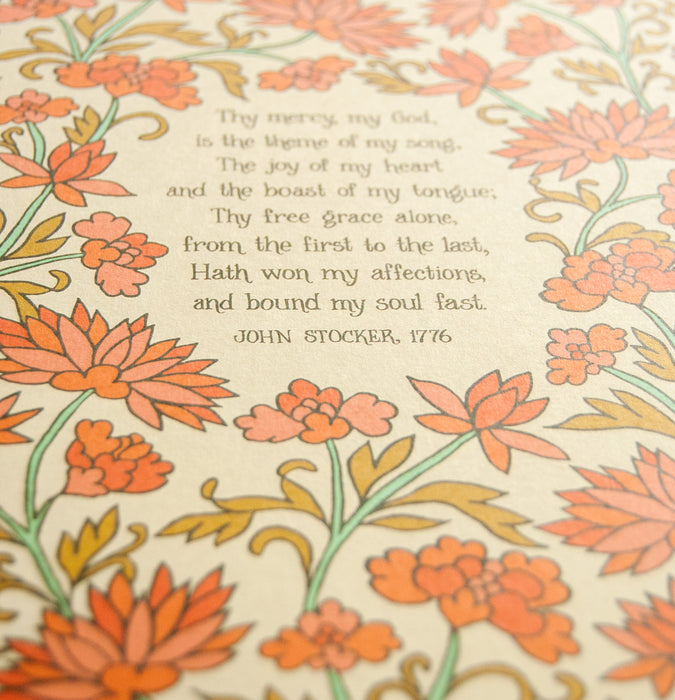 Hand lettered text detail of Thy Mercy My God art print, printed on a cream background with hand illustrated floral detail in shades of orange, pink, gold, and green — Christian home decor wall art ready to be displayed