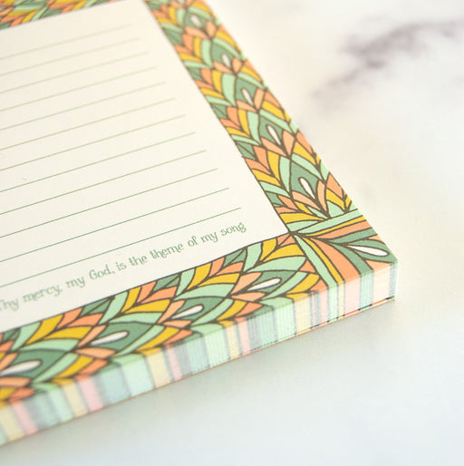 Thy Mercy My God notepad features an illustrated stained glass border surrounding the main line from the beloved hymn, along with lines for jotting down notes, lists, or recipes.