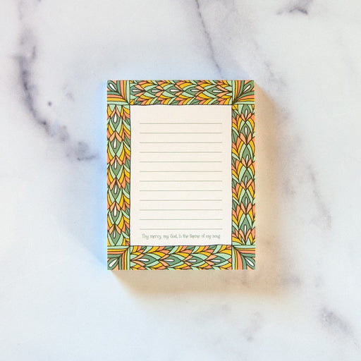 Thy Mercy My God mini hymn notepad features an illustrated stained glass border surrounding the main line from the beloved hymn, along with lines for jotting down notes, lists, or recipes.