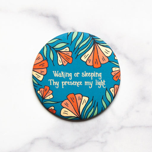 The "Waking or Sleeping" hymn magnet speaks truth from the hymn "Be Thou My Vision" each time you look at the fridge, featuring striking floral over cerulean blue, shown against a marble backdrop.