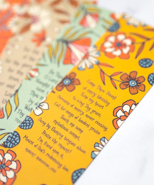 Multicolored Hymn Bookmarks Set 1 shown laid out next to each other