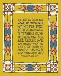 Flat print image of O the Deep Deep Love of Jesus wall art — Christian kitchen wall art featuring hand lettered text on a mustard background surrounded by an illustrated geometric border design in shades of blue, red, orange and cream