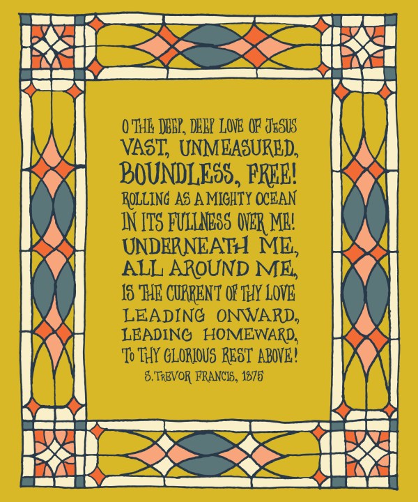 Flat print image of O the Deep Deep Love of Jesus wall art — Christian kitchen wall art featuring hand lettered text on a mustard background surrounded by an illustrated geometric border design in shades of blue, red, orange and cream