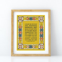 O the Deep Deep Love of Jesus wall art — Christian kitchen wall art featuring hand lettered text surrounded by an illustrated geometric border design in shades of blue, red, orange and cream, printed on a mustard color background and displayed in a light wood frame