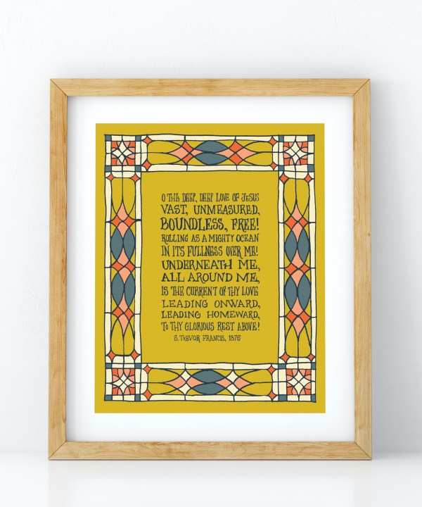 O the Deep Deep Love of Jesus wall art — Christian kitchen wall art featuring hand lettered text surrounded by an illustrated geometric border design in shades of blue, red, orange and cream, printed on a mustard color background and displayed in a light wood frame
