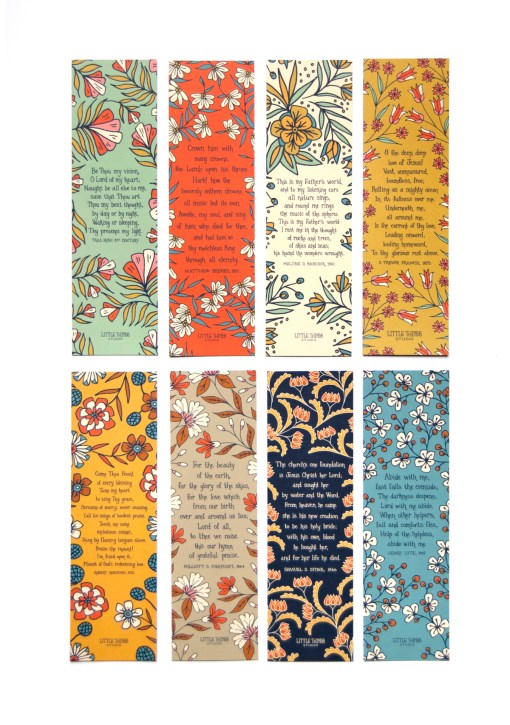 A lovely hymn bookmark set — hand lettered hymn lyrics on one side, bold floral patterns on the back.