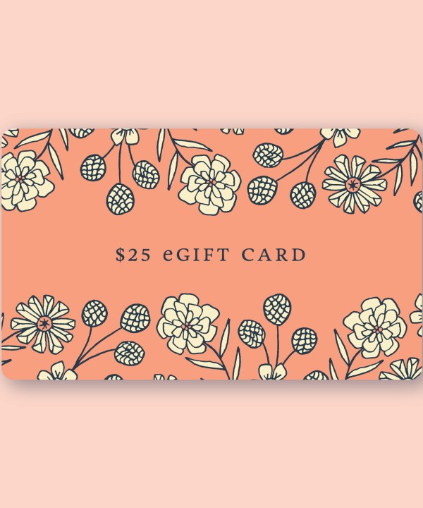 A Little Things Studio gift card in the amount of $25—a light pinkish red card featuring custom LTS floral illustrations.