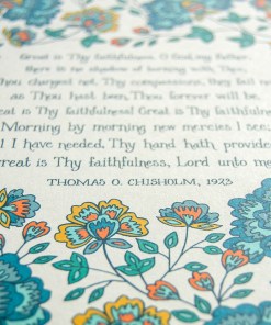 Illustrated floral detail of Great Is Thy Faithfulness lyric artwork featuring hand-lettered text and floral design in shades of teal, blue and orange, printed on a cream background
