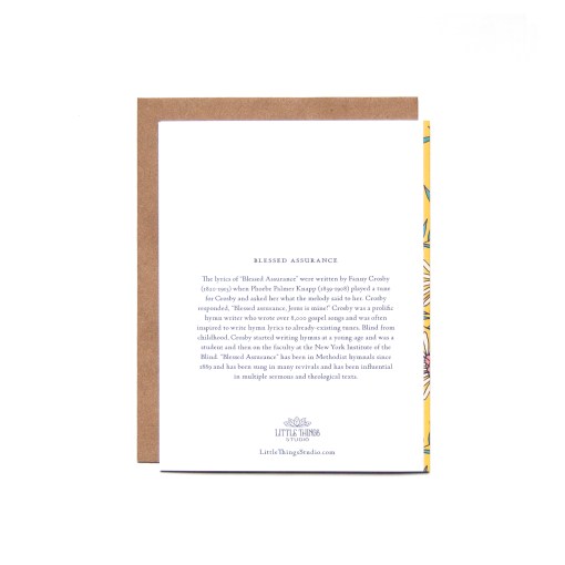 The Blessed Assurance greeting card features illustration of lively white floral and greens bordering the text of the beloved hymn, with the story behind the hymn printed on the back, shown here.