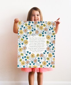 Come Thou Fount of Every Blessing art — a large Christian wall art print in 16x20 size, featuring hand lettered text printed on a cream background surrounded by hand illustrated florals in orange, yellow, teal and green