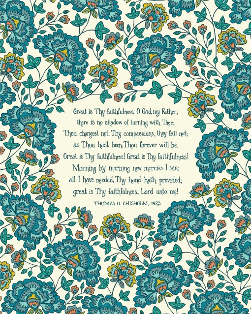 Flat print image of 16x20 Great is Thy Faithfulness hymn artwork, hand-lettered and printed on a cream background, accented by illustrated floral design in blue, teal, gold and green — large Christian wall art
