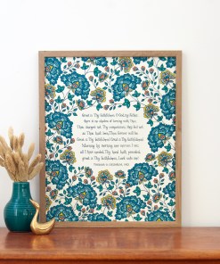 16x20 Great is Thy Faithfulness hymn artwork hand-lettered and printed on a cream background, accented by illustrated floral design in blue, teal, gold and green, displayed in a light wood frame with a vase of dried grasses and bird figurine.