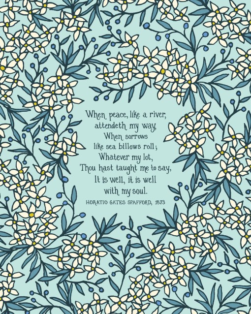 Flat print of It Is Well wall art — a 16x20 biblical art print featuring hand-lettered hymn text printed on a light blue background surrounded by floral in teal and cream
