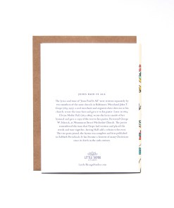 The Jesus Paid It All greeting card features bright floral illustrations against a cream background, surrounding the first verse of the beloved hymn; the story of the hymn's origins is printed on the back.