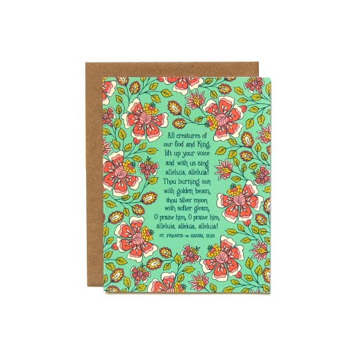 The All Creatures greeting card features bright pink floral illustration with a minty green background — a refreshing pallet for your note of encouragement or thanks. Pictured against a white background.