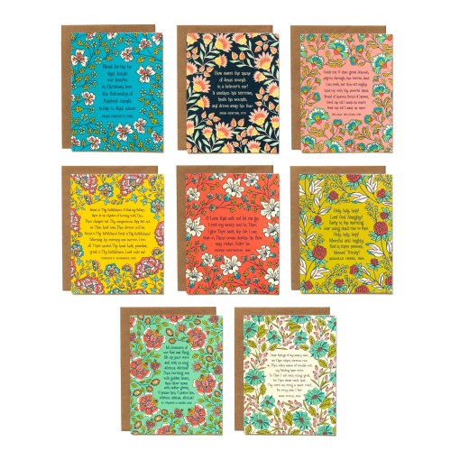 This hymn greeting card set of 8 features vibrant floral illustration accenting each of the 8 different hymns, all hand lettered with the history of each hymn's origin printed on the back. Perfect for gift giving or an anytime note!