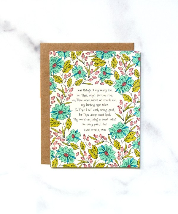 The Dear Refuge of my Weary Soul greeting card features bright and bold floral illustrations with a creamy white background.