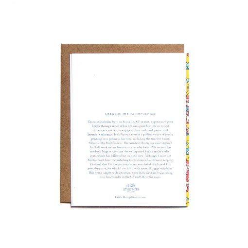 The Great is Thy Faithfulness greeting card features vibrantly colored floral design against a striking yellow background; the story behind the hymn is printed on the back, making this card unique as well as practical