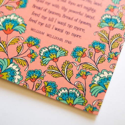 Illustration detail of the Guide Me O Thou Great Jehovah greeting card, which features bold yet delicate floral on a pink background.