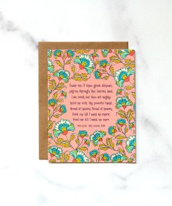 The Guide Me O Thou Great Jehovah greeting card features bold yet delicate floral on a pink background.
