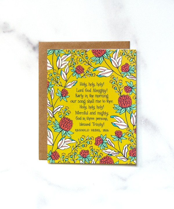 The "Holy, Holy, Holy!" greeting card features bold crimson floral illustration bordering the hymn text, all set against a dark yellow-green background.