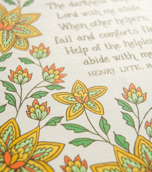 Hand illustrated floral detail of Abide with Me hymn artwork, a Christian wall print featuring hand lettered text printed on a cream background surrounded by multi-coloured floral illustrations