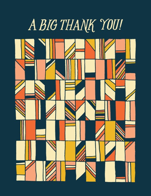 Flat image of the Big Thank You greeting card by Little Things Studio features a retro geometrical design against a navy background with a blank inside.