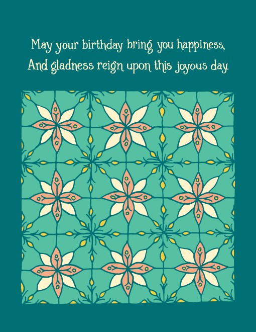 Illustration and text detail of the Birthday Happiness Greeting Card, which features hand illustrated floral patterns in blue-greens and a splash of pink—a blank birthday card ready for your message