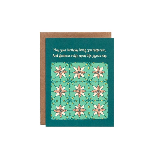 The Birthday Happiness Greeting Card features hand illustrated floral patterns in blue-greens and a splash of pink—a blank birthday card ready for your message