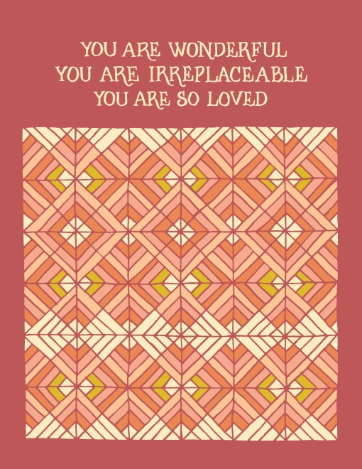 Flat image of the "You Are So Loved" Greeting Card features hand illustrated geometric design highlighted with corals and yellows on a dark pink background.