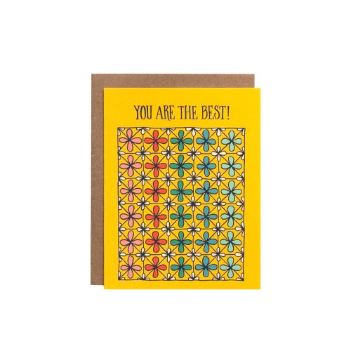 The "You Are the Best!" Greeting Card features hand illustrated patterned floral in an array of rainbow colors on a bright yellow background, shown here against a white backdrop.