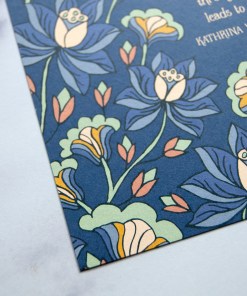 Floral detail of the Be Still My Soul wall art printed on a deep blue with blue, green and golden floral detailing